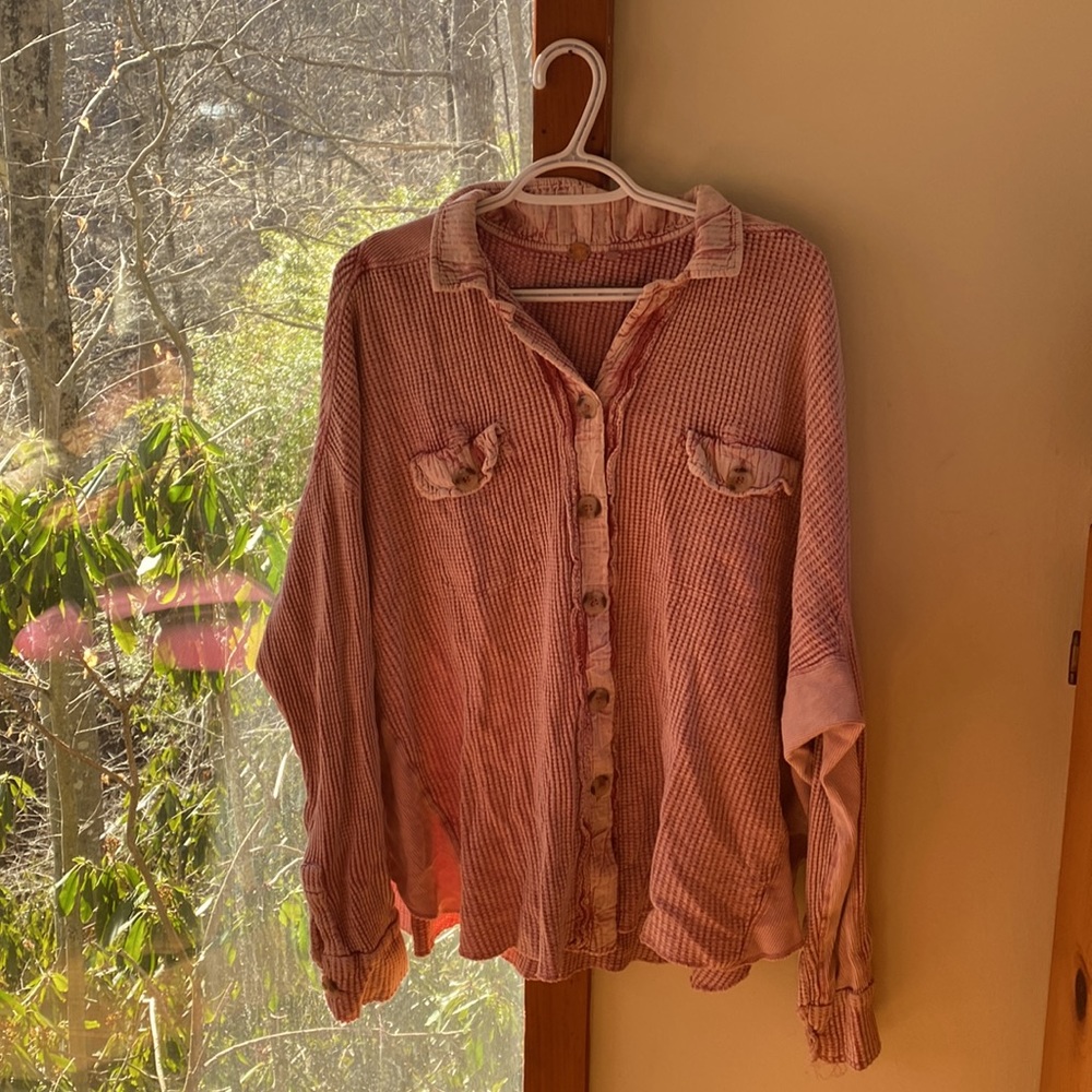 Free People oversized acid wash button up. Pink. Size XL.